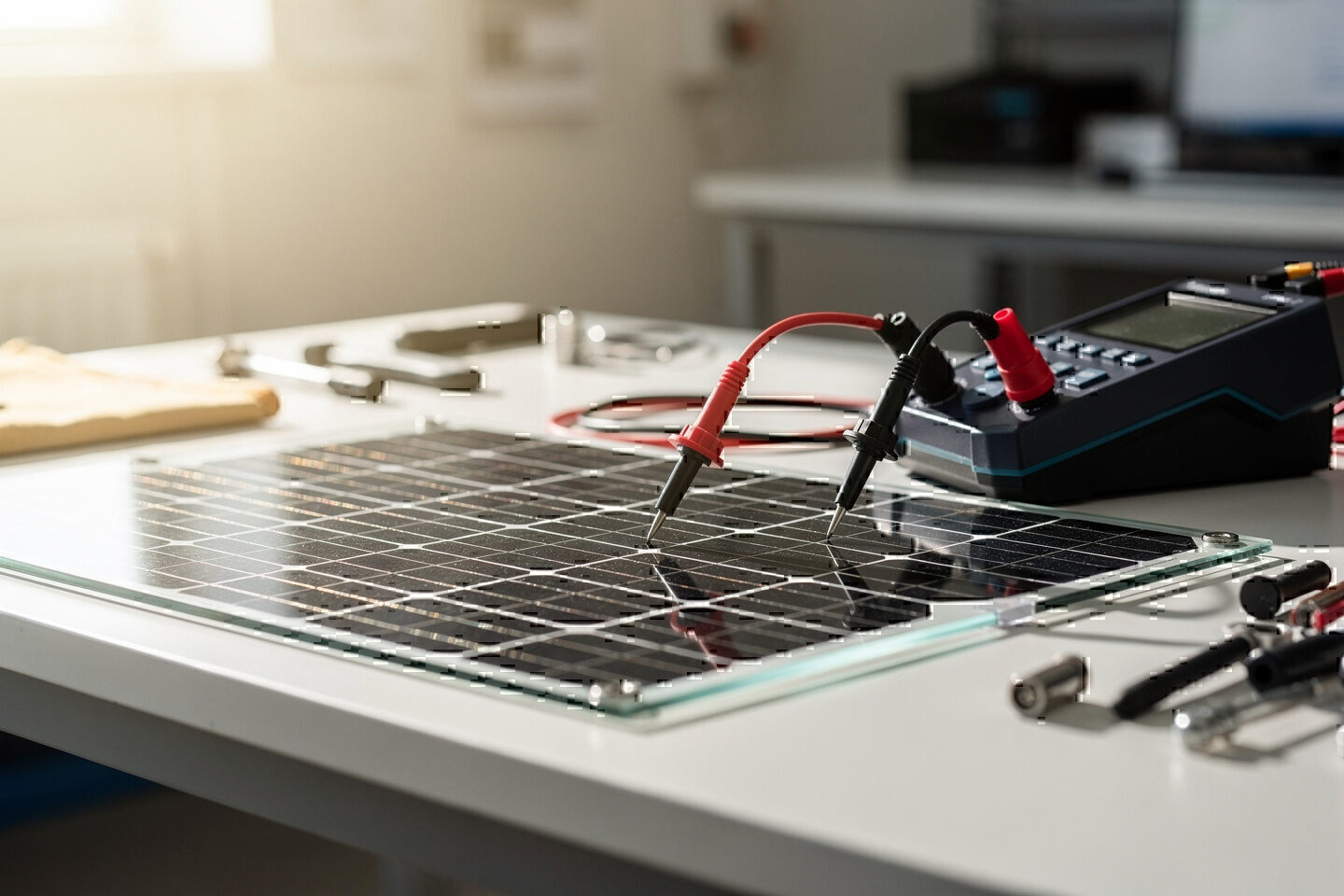 Solarmodul wird bei der Qualitätskontrolle mit einem Messgerät geprüft